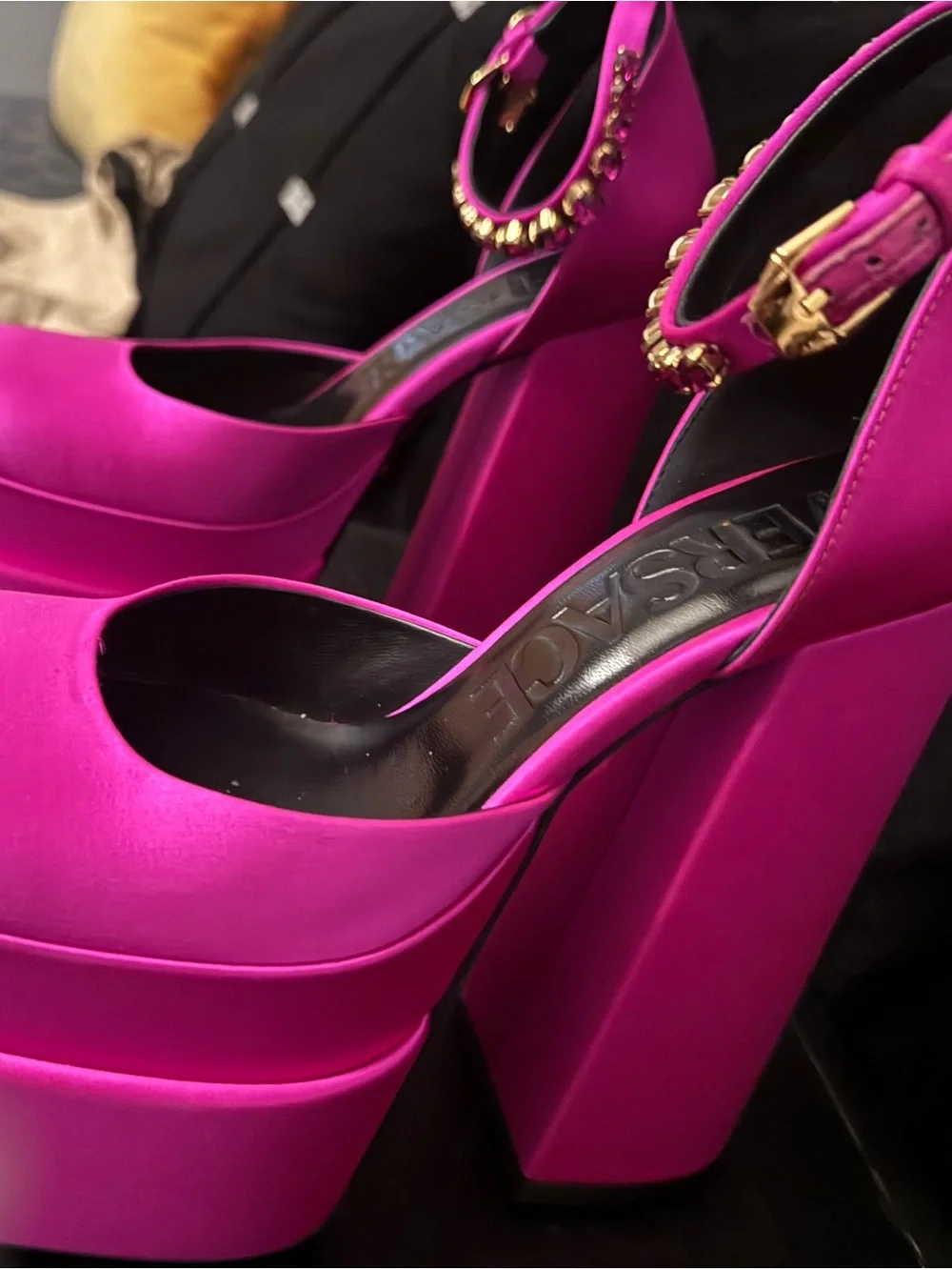 Versace Hot Pink Satin Platform Ankle-Strap Heels with Gold Bead Charm